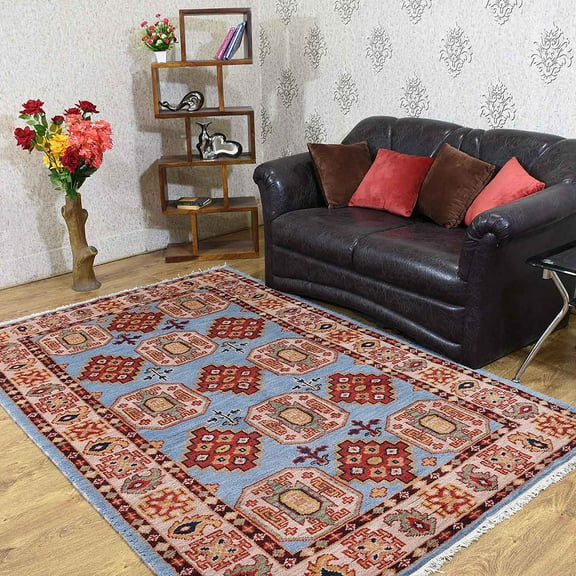Rugsotic Carpets Eco-Friendly Handmade Knotted Aqua Cream Oriental Area Rugs, 3'x5', Rectangle, Silk And Wool, Quick Dry