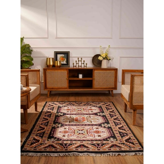 Rugsotic Carpets Hand Knotted Afghan Rugs Rectangle 3'x5' Black Cream Silk-Wool for Indoor Use