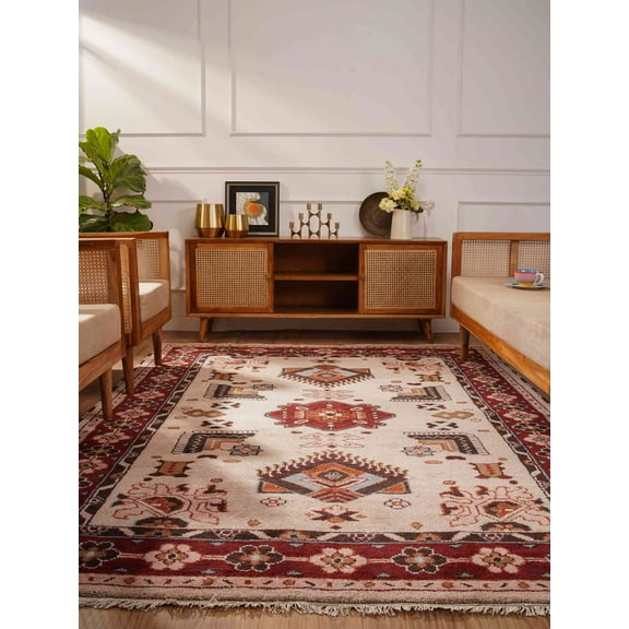 Rugsotic Carpets Hand Knotted Afghan Rugs Rectangle 4'x6' Cream Red Silk-Wool for Indoor Use