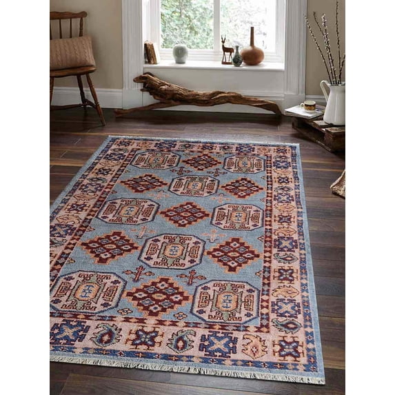 Rugsotic Carpets Eco-Friendly Handmade Knotted Aqua Cream Oriental Area Rugs, 5'x8', Rectangle, Silk And Wool, Quick Dry