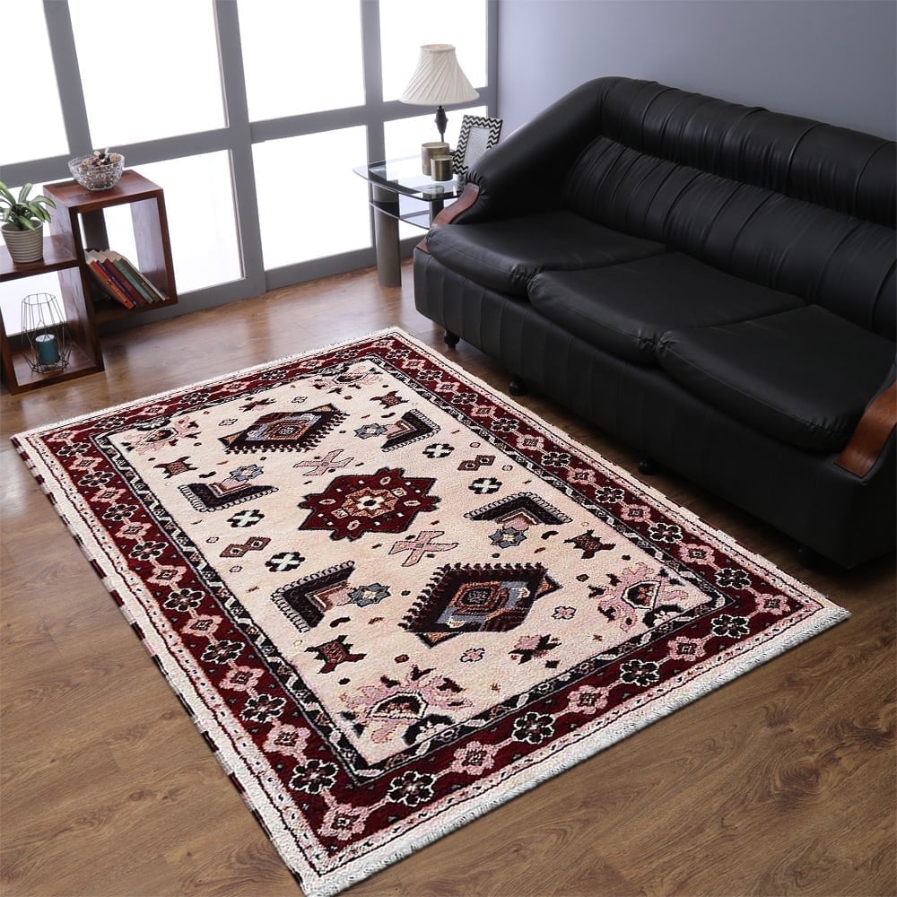 Hand-Knotted Cream and Red Wool Silk Oriental Rug