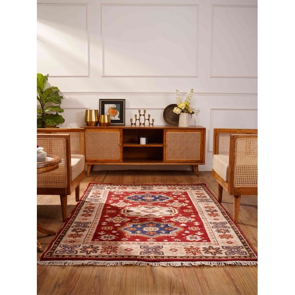 Rugsotic Carpets Eco-Friendly Handmade Knotted Red Cream Oriental Area Rugs, 5'x8', Rectangle, Silk And Wool, Quick Dry