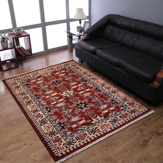Rugsotic Carpets Hand Knotted Wool and Silk Area Rug, 5'x8', Rectangle, Red Cream, Oriental Handmade Low Pile Rug for Living Room Bedroom