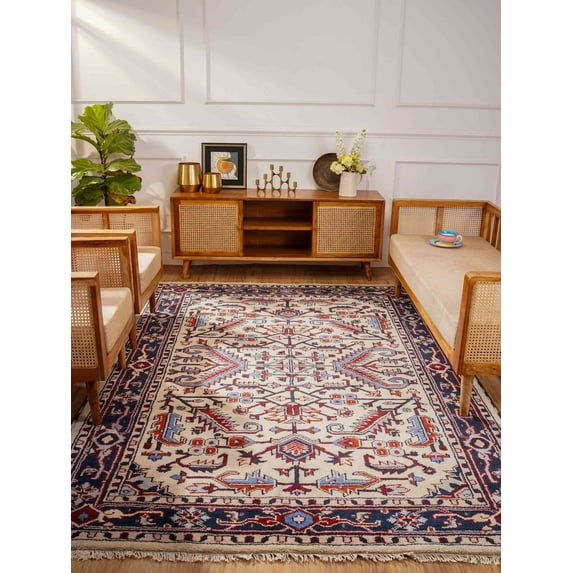 Rugsotic Carpets Eco-Friendly Handmade Knotted White Blue Oriental Area Rugs, 5'x8', Rectangle, Silk And Wool, Quick Dry