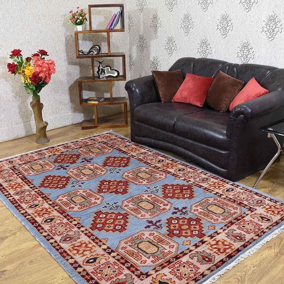 Rugsotic Carpets Eco-Friendly Handmade Knotted Aqua Cream Oriental Area Rugs, 6'x9', Rectangle, Silk And Wool, Quick Dry