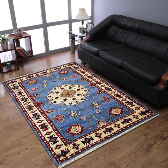 Rugsotic Carpets Hand Knotted Afghan Rugs Rectangle 6'x9' Blue White Silk-Wool for Indoor Use