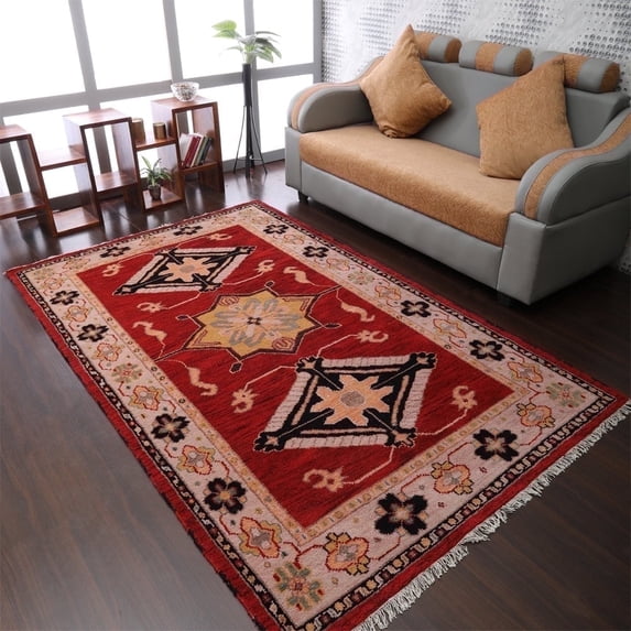 Rugsotic Carpets Hand Knotted Wool & Silk Eco-Friendly Oriental 6'x9' Area Rugs Rectangle Red Beige Classic Traditional Design High Pile Indoor Handmade Rug for Living Room, Bedroom AF0103