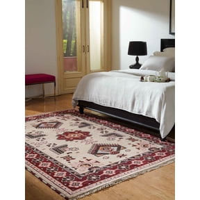 Rugsotic Carpets Hand Knotted Wool & Silk Eco-Friendly Oriental 8'x10' Area Rugs Rectangle Cream Red Classic Traditional Design High Pile Indoor Handmade Rug for Living Room, Bedroom AF0121