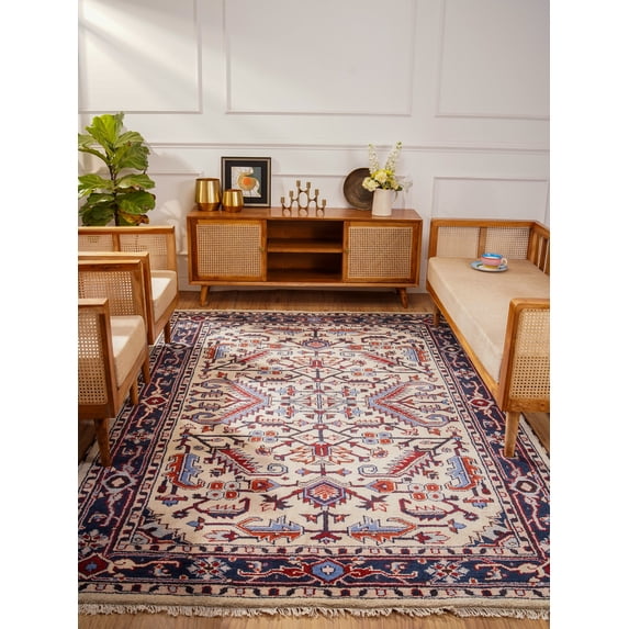 Rugsotic Carpets Hand Knotted Wool & Silk Eco-Friendly Oriental 9'x12' Area Rugs Rectangle White Blue Classic Traditional Design High Pile Indoor Handmade Rug for Living Room, Bedroom AF0118