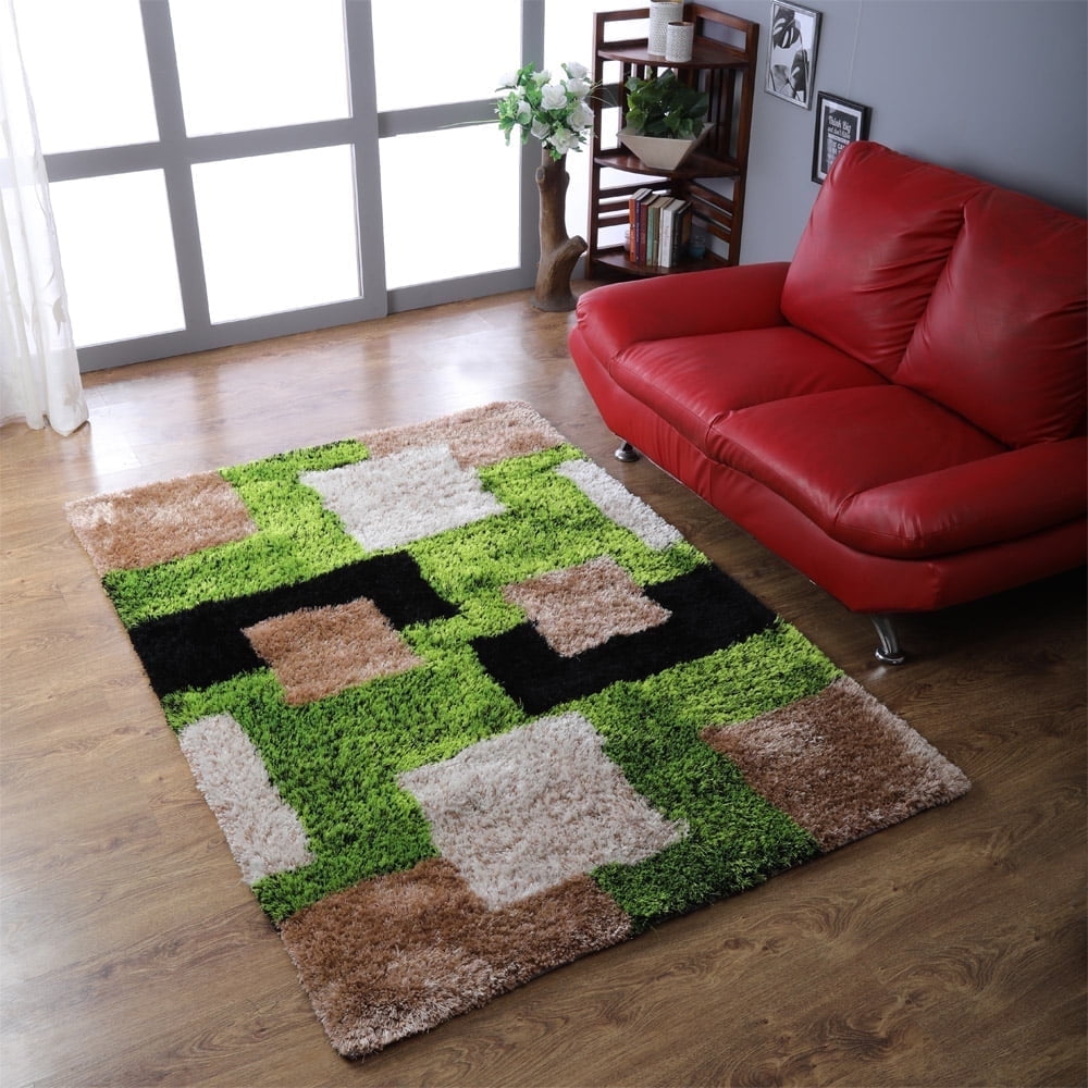 Green Beige Geometric Shag 5'x8' Polyester Area Rug