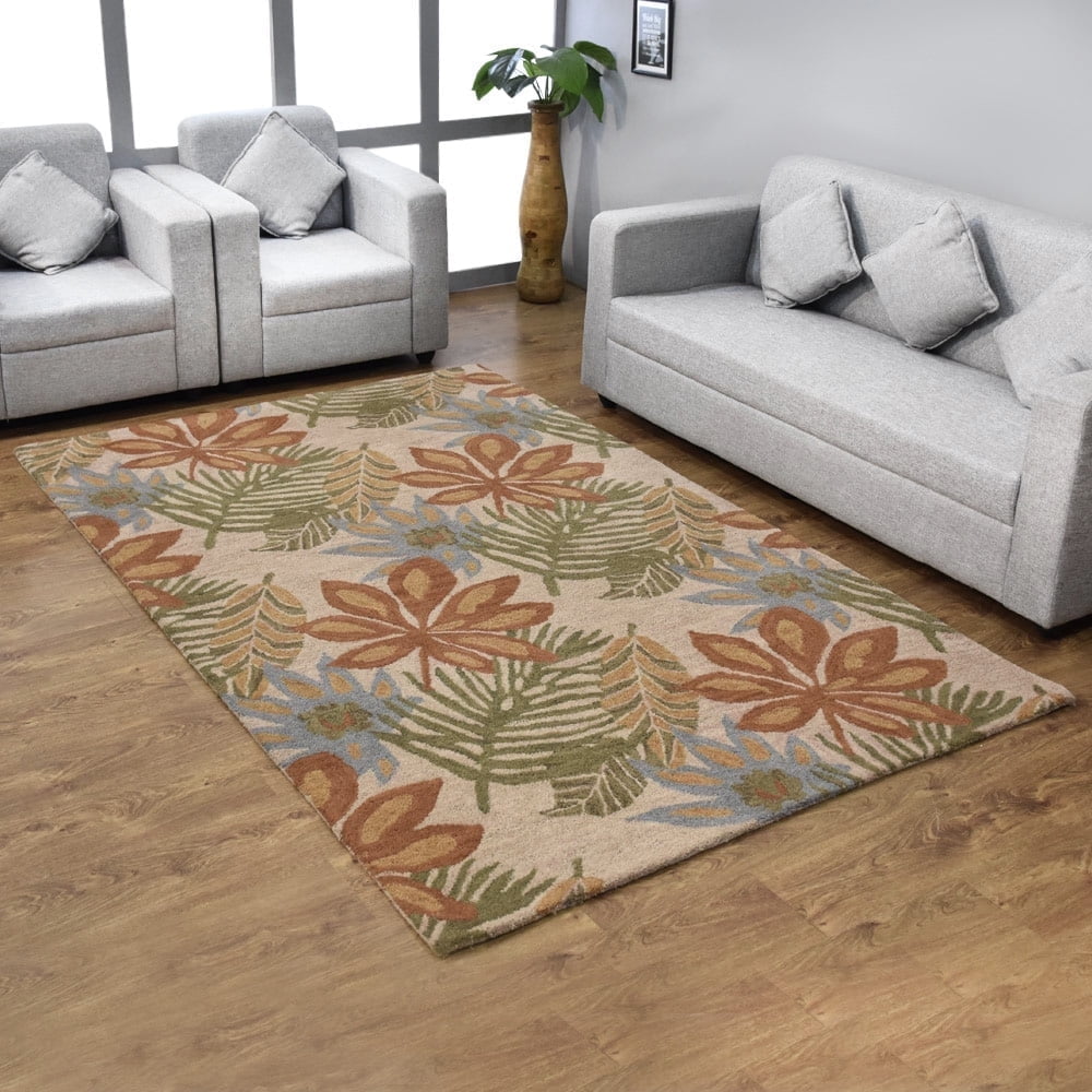 Blue Beige Floral Hand-Tufted Wool 8' x 10' Area Rug