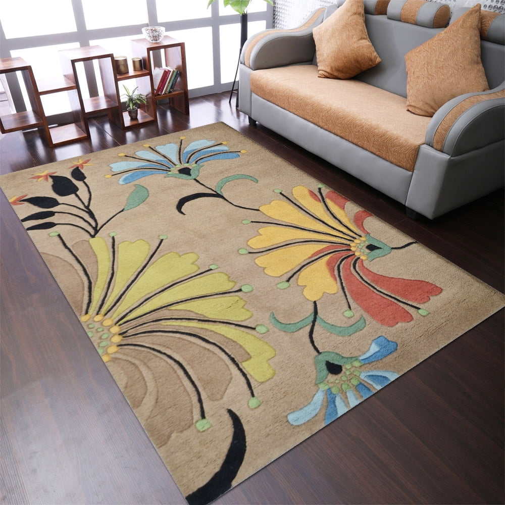 Elegant Blue Floral Hand-Tufted Wool Area Rug, 4'x6', Easy Care