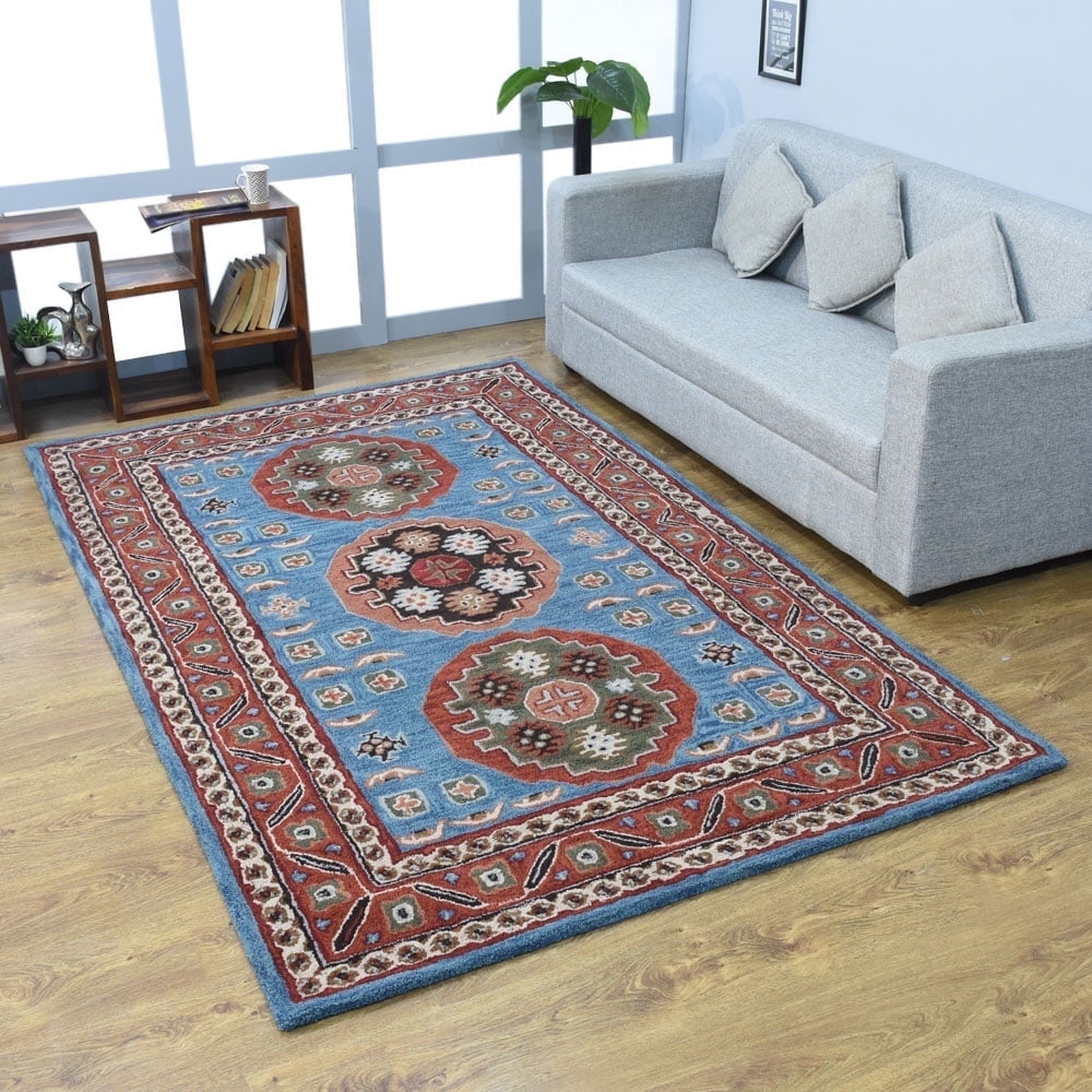 Hand-Tufted Red and Blue Wool 4' x 6' Area Rug