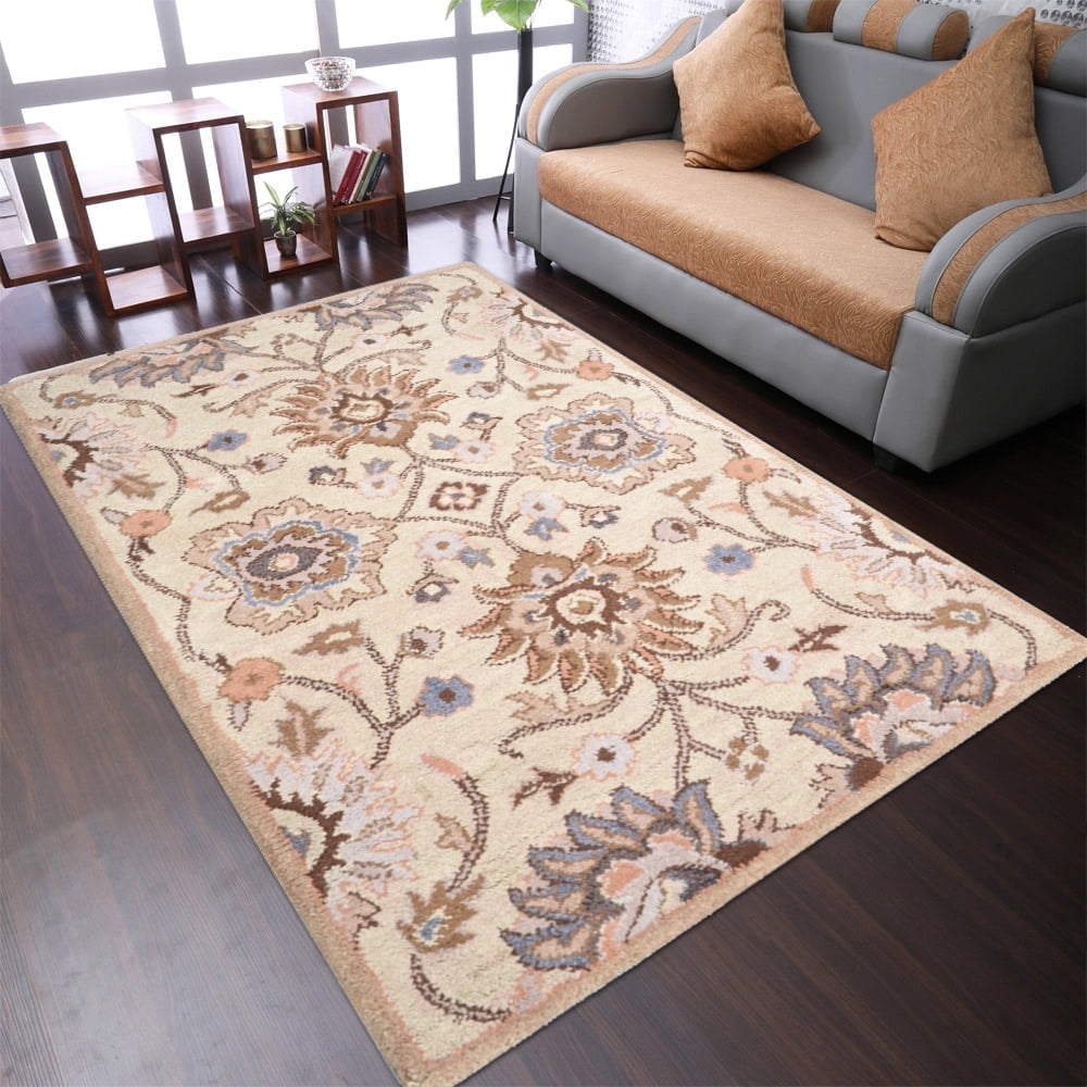 Handmade Blue and Beige Floral Wool Area Rug 5'x8'