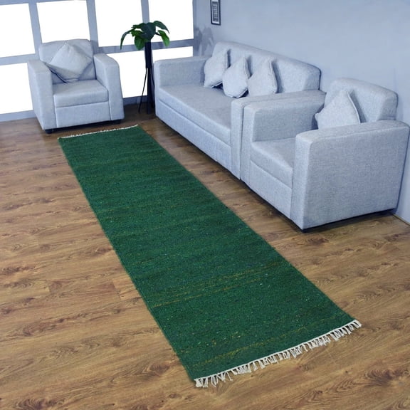 RUGSOTIC CARPETS HAND WOVEN FLAT WEAVE KILIM COTTON & POLYESTER ECO-FRIENDLY AREA RUGS - 2'6"x8', Runner, Dark Green, Plain Solid Design, Low Pile Handmade Area Rugs for Living Room, Bed Room (DCP111)