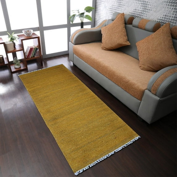 RUGSOTIC CARPETS HAND WOVEN FLAT WEAVE KILIM COTTON & POLYESTER ECO-FRIENDLY AREA RUGS - 2'6"x8', Runner, Gold, Plain Solid Design, Low Pile Handmade Area Rugs for Living Room, Bed Room (DCP111)