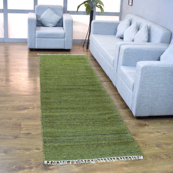 RUGSOTIC CARPETS HAND WOVEN FLAT WEAVE KILIM COTTON & POLYESTER ECO-FRIENDLY AREA RUGS - 2'6"x8', Runner, Green, Plain Solid Design, Low Pile Handmade Area Rugs for Living Room, Bed Room (DCP111)
