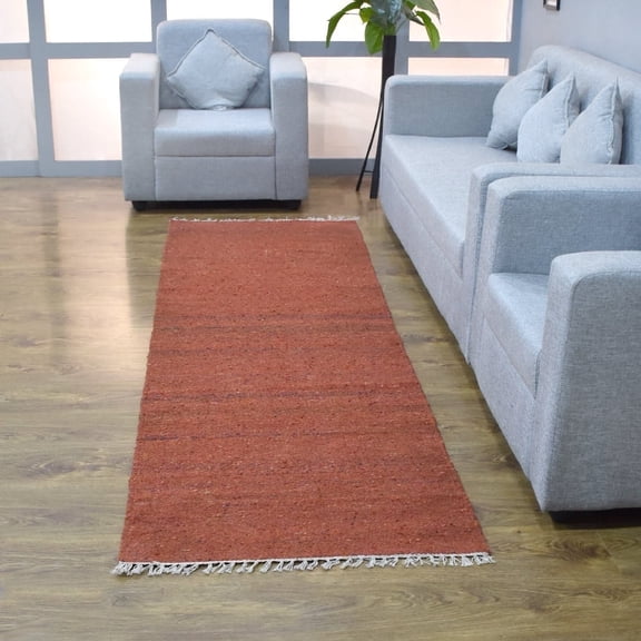 RUGSOTIC CARPETS HAND WOVEN FLAT WEAVE KILIM COTTON & POLYESTER ECO-FRIENDLY AREA RUGS - 2'6"x8', Runner, Rust, Plain Solid Design, Low Pile Handmade Area Rugs for Living Room, Bed Room (DCP111)