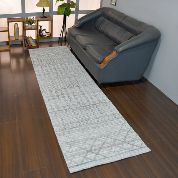 RUGSOTIC CARPETS HAND WOVEN FLAT WEAVE KILIM POLYESTER ECO-FRIENDLY AREA RUGS - 2'6''x10', Runner, Light Gray, Contemporary Design, Low Pile Handmade Area Rugs for Living Room, Bed Room (DP0009)