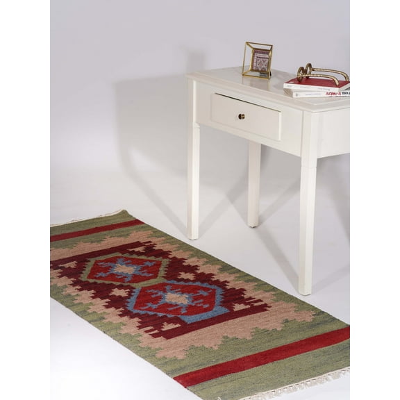 Rugsotic Carpets Handmade Rugs Hand Woven Kilim Runner 2'6''x8' Burgundy Olive Wool for Indoor Use