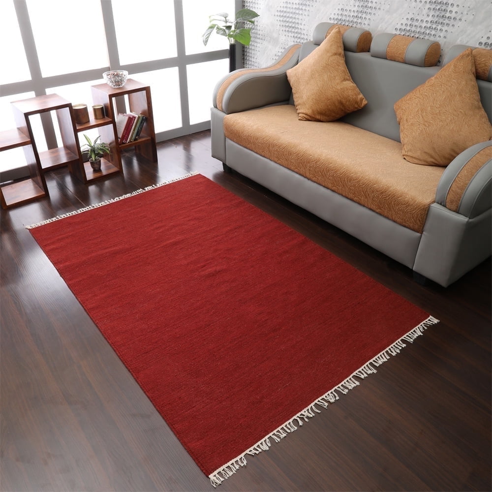 Burgundy Flat Woven Wool 8' x 10' Handmade Area Rug