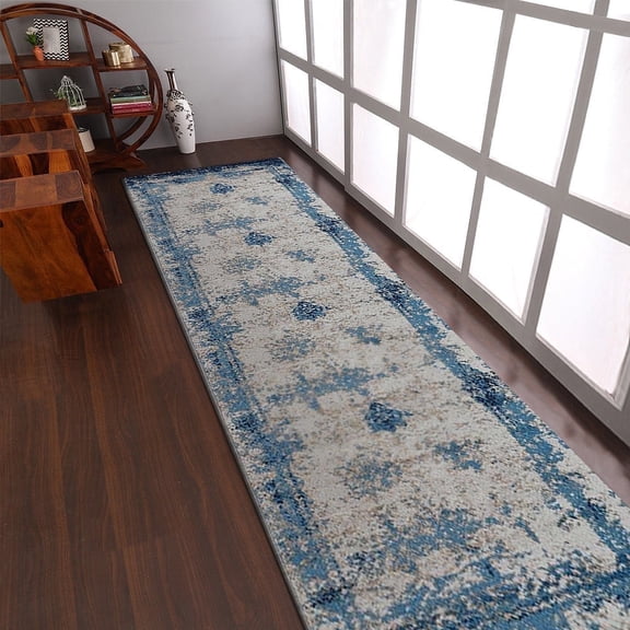 RUGSOTIC CARPETS MACHINE MADE HEATSET POLYPROPYLENE AREA RUGS - 2'6''x10', Runner, Beige Blue, Classic Oriental Traditional , High Pile Machine Made Area Rugs for Living Room, Bed Room (M00019)