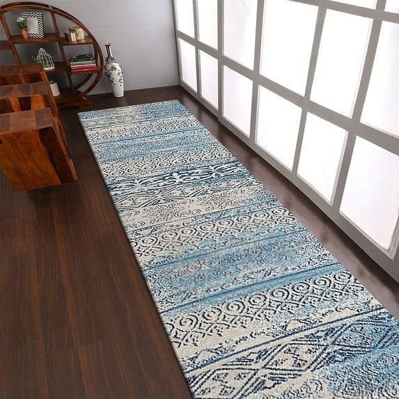 RUGSOTIC CARPETS MACHINE MADE HEATSET POLYPROPYLENE AREA RUGS - 2'6''x10', Runner Shape, Beige Blue Color, Contemporary Modern Design, High Pile Machine Made Area Rugs for Living Room (M00005)