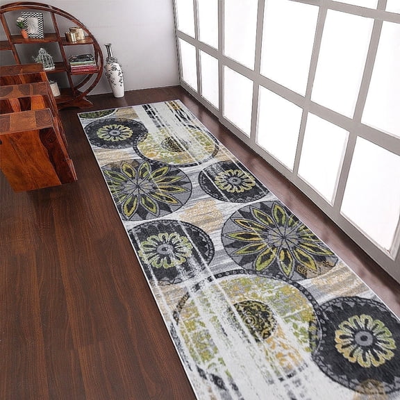RUGSOTIC CARPETS MACHINE MADE HEATSET POLYPROPYLENE AREA RUGS - 3'2''x10', Runner Shape, Beige Green Color, Contemporary Modern Design, High Pile Machine Made Area Rugs for Living Room (M00052)