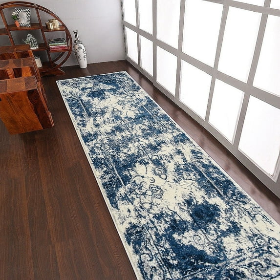 RUGSOTIC CARPETS MACHINE MADE HEATSET POLYPROPYLENE AREA RUGS - 3'2''x10', Runner Shape, Ivory Blue Color, Abstract Modern Design, High Pile Machine Made Area Rugs for Living Room, Bed Room (M00022)