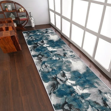 RUGSOTIC CARPETS MACHINE MADE HEATSET POLYPROPYLENE AREA RUGS - 3'2''x10', Runner Shape, Ivory Blue Color, Floral Modern Design, High Pile Machine Made Area Rugs for Living Room, Bed Room (M00029)