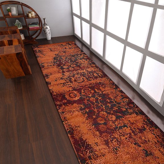 RUGSOTIC CARPETS MACHINE MADE HEATSET POLYPROPYLENE AREA RUGS - 3'2''x10', Runner Shape, Orange Color, Contemporary Modern Design, High Pile Machine Made Area Rugs for Living Room, Bed Room (M00034)