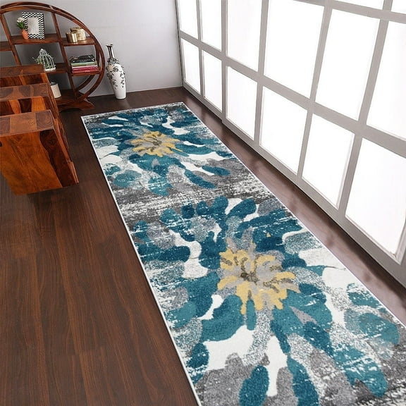 RUGSOTIC CARPETS MACHINE MADE HEATSET POLYPROPYLENE AREA RUGS - 3'2''x10', Runner Shape, Silver Blue Color, Abstract Modern Design, High Pile Machine Made Area Rugs for Living Room, Bed Room (M00032)