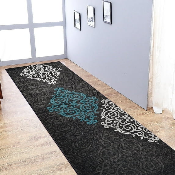 RUGSOTIC CARPETS MACHINE MADE HEATSET POLYPROPYLENE AREA RUGS - 3'2''x10', Runner Shape, Silver Blue Color, Contemporary Modern Design, High Pile Machine Made Area Rugs for Living Room (M00039)