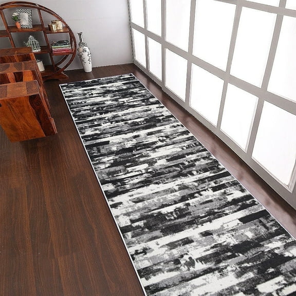 RUGSOTIC CARPETS MACHINE MADE HEATSET POLYPROPYLENE AREA RUGS - 3'2''x10', Runner Shape, Silver Color, Abstract Modern Design, High Pile Machine Made Area Rugs for Living Room, Bed Room (M00025)