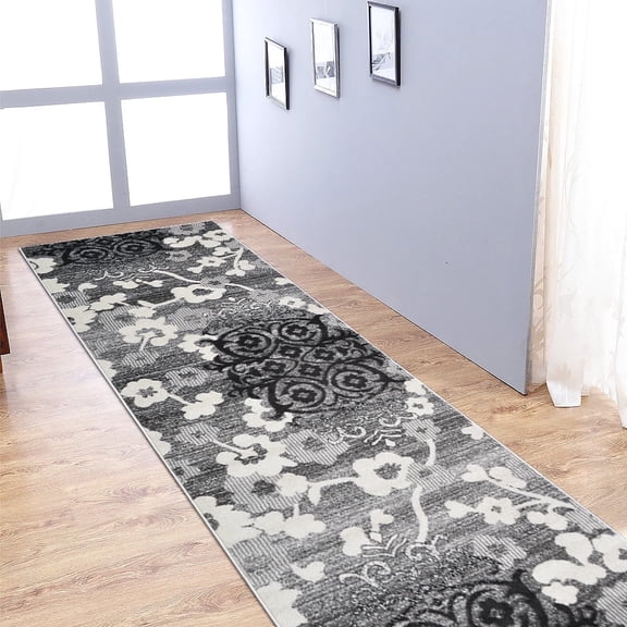 RUGSOTIC CARPETS MACHINE MADE HEATSET POLYPROPYLENE AREA RUGS - 3'2''x10', Runner Shape, Silver Color, Floral Modern Design, High Pile Machine Made Area Rugs for Living Room, Bed Room (M00046)