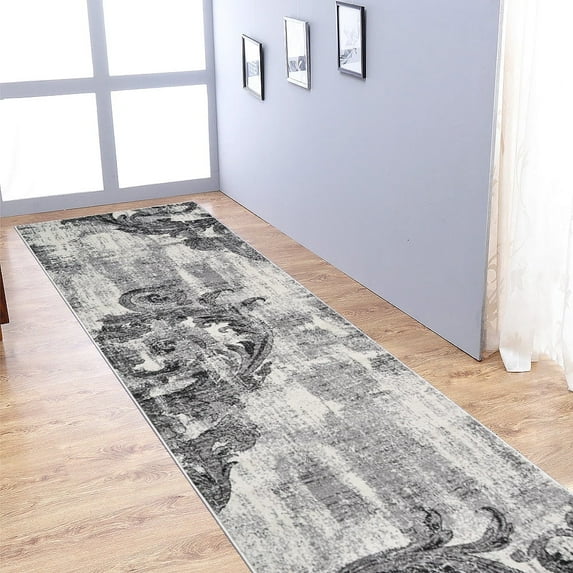 RUGSOTIC CARPETS MACHINE MADE HEATSET POLYPROPYLENE AREA RUGS - 3'2''x10', Runner Shape, Silver Color, Floral Modern Design, High Pile Machine Made Area Rugs for Living Room, Bed Room (M00056)