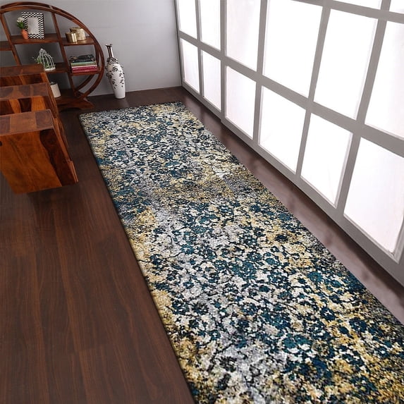 RUGSOTIC CARPETS MACHINE MADE HEATSET POLYPROPYLENE AREA RUGS - 3'2''x10', Runner, Silver Blue, Abstract Modern Design, High Pile Machine Made Area Rugs for Living Room, Bed Room (MX0011)