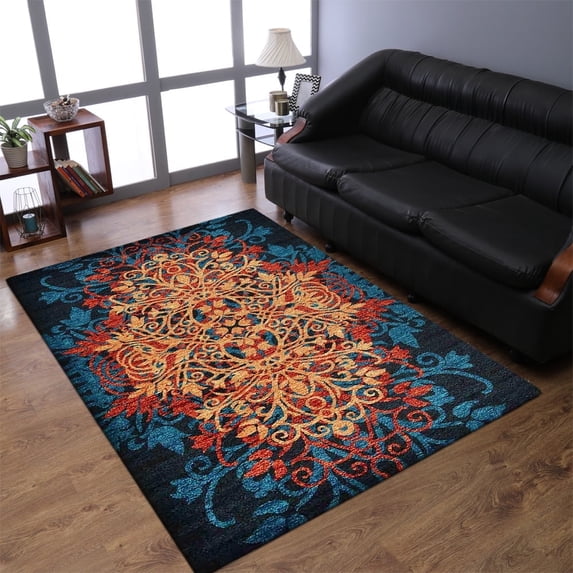 RUGSOTIC CARPETS MACHINE MADE HEATSET POLYPROPYLENE AREA RUGS - 4'x6', Rectangle, Caramel Blue, Floral Modern Design, High Pile Machine Made Area Rugs for Living Room, Bed Room (MX0012)