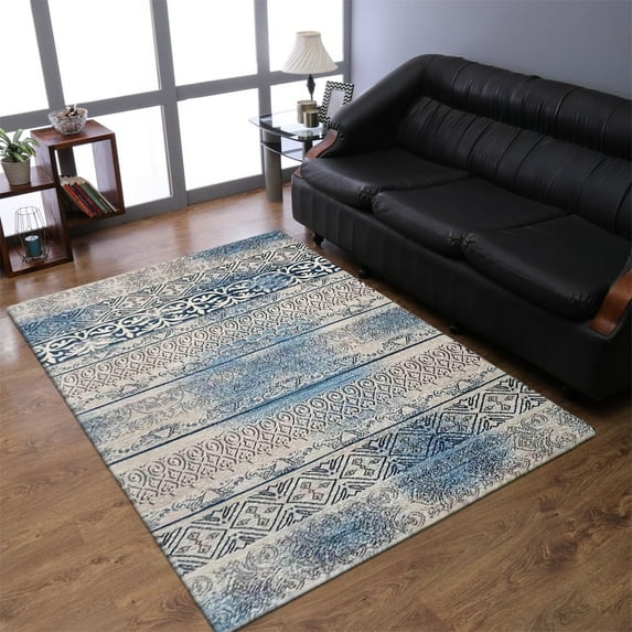 RUGSOTIC CARPETS MACHINE MADE HEATSET POLYPROPYLENE AREA RUGS - 4'x6', Rectangle Shape, Beige Blue Color, Contemporary Modern Design, High Pile Machine Made Area Rugs for Living Room (M00005)