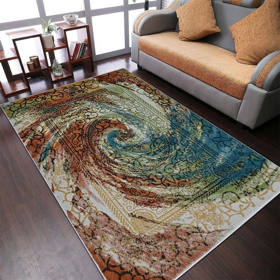 RUGSOTIC CARPETS MACHINE MADE HEATSET POLYPROPYLENE AREA RUGS - 4'x6', Rectangle Shape, Caramel Blue Color, Contemporary Modern Design, High Pile Machine Made Area Rugs for Living Room (M00050)
