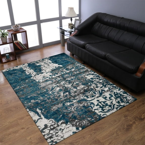 RUGSOTIC CARPETS MACHINE MADE HEATSET POLYPROPYLENE AREA RUGS - 4'x6', Rectangle, Silver Blue, Abstract Modern Design, High Pile Machine Made Area Rugs for Living Room, Bed Room (MX0017)