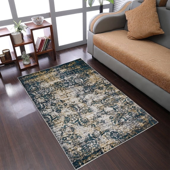 RUGSOTIC CARPETS MACHINE MADE HEATSET POLYPROPYLENE AREA RUGS - 5'x8', Rectangle Shape, Beige Blue Color, Floral Modern Design, High Pile Machine Made Area Rugs for Living Room, Bed Room (M00006)