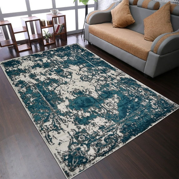 RUGSOTIC CARPETS MACHINE MADE HEATSET POLYPROPYLENE AREA RUGS - 8'x10', Rectangle Shape, Ivory Blue Color, Abstract Modern Design, High Pile Machine Made Area Rugs for Living Room, Bed Room (M00022)