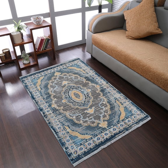 RUGSOTIC CARPETS Machine Woven Crossweave AREA RUGS - 1'8''x2'10'', Rectangle,Black Yellow,Classic Oriental Traditional , Low Pile Machine Made Area Rugs for Living Room, Bed Room (M00109)