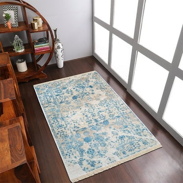 RUGSOTIC CARPETS Machine Woven Crossweave AREA RUGS - 1'8''x2'10'', Rectangle,Ivory Blue,Classic Oriental Traditional , Low Pile Machine Made Area Rugs for Living Room, Bed Room (M00075)