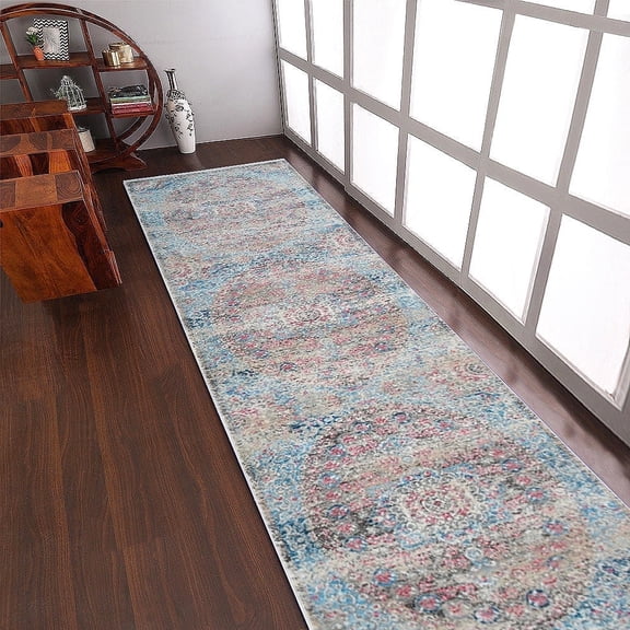 RUGSOTIC CARPETS Machine Woven Crossweave AREA RUGS - 2'6''x9'10'', Runner,Beige Blue,Classic Oriental Traditional , Low Pile Machine Made Area Rugs for Living Room, Bed Room (M00089)