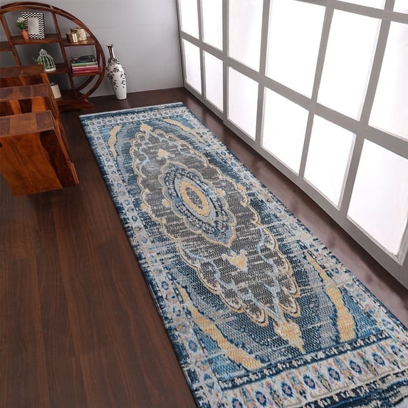 RUGSOTIC CARPETS Machine Woven Crossweave AREA RUGS - 2'6''x9'10'', Runner,Black Yellow,Classic Oriental Traditional , Low Pile Machine Made Area Rugs for Living Room, Bed Room (M00109)