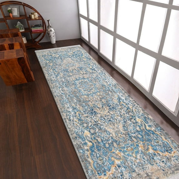 RUGSOTIC CARPETS Machine Woven Crossweave AREA RUGS - 2'6''x9'10'', Runner,Gray Blue,Classic Oriental Traditional , Low Pile Machine Made Area Rugs for Living Room, Bed Room (M00100)