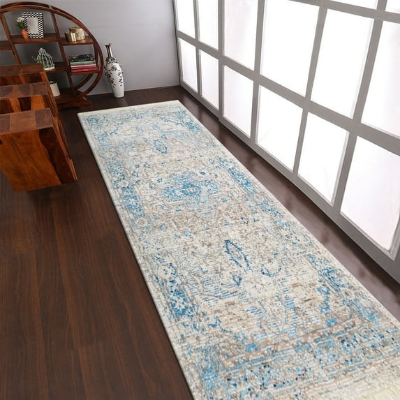 RUGSOTIC CARPETS Machine Woven Crossweave AREA RUGS - 2'6''x9'10'', Runner,Gray Blue,Classic Oriental Traditional , Low Pile Machine Made Area Rugs for Living Room, Bed Room (M00072)