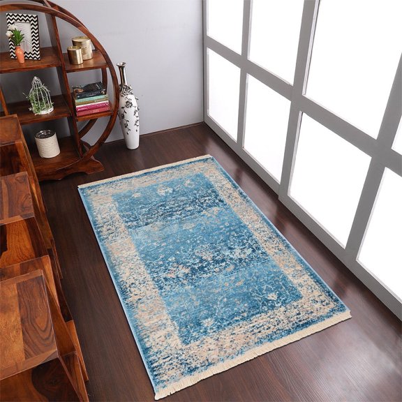 RUGSOTIC CARPETS Machine Woven Crossweave AREA RUGS - 2'x3'10'', Rectangle,Blue,Classic Oriental Traditional , Low Pile Machine Made Area Rugs for Living Room, Bed Room (M00074)